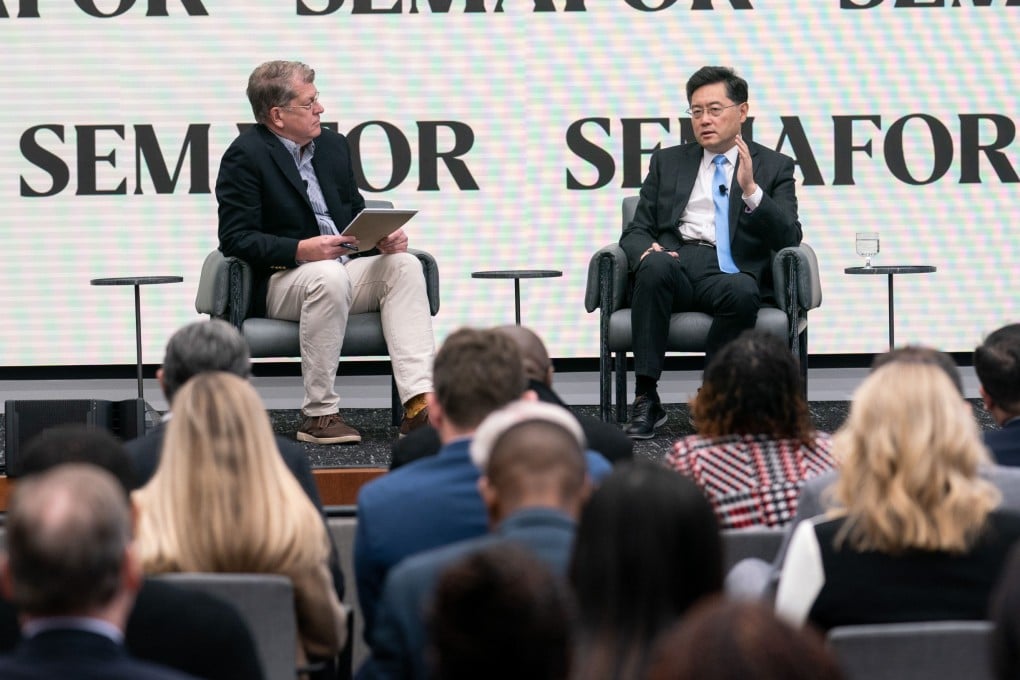 Qin Gang (right), China’s ambassador to the United States, speaks during a fireside chat in Washington on December 12, 2022. Photo: Xinhua