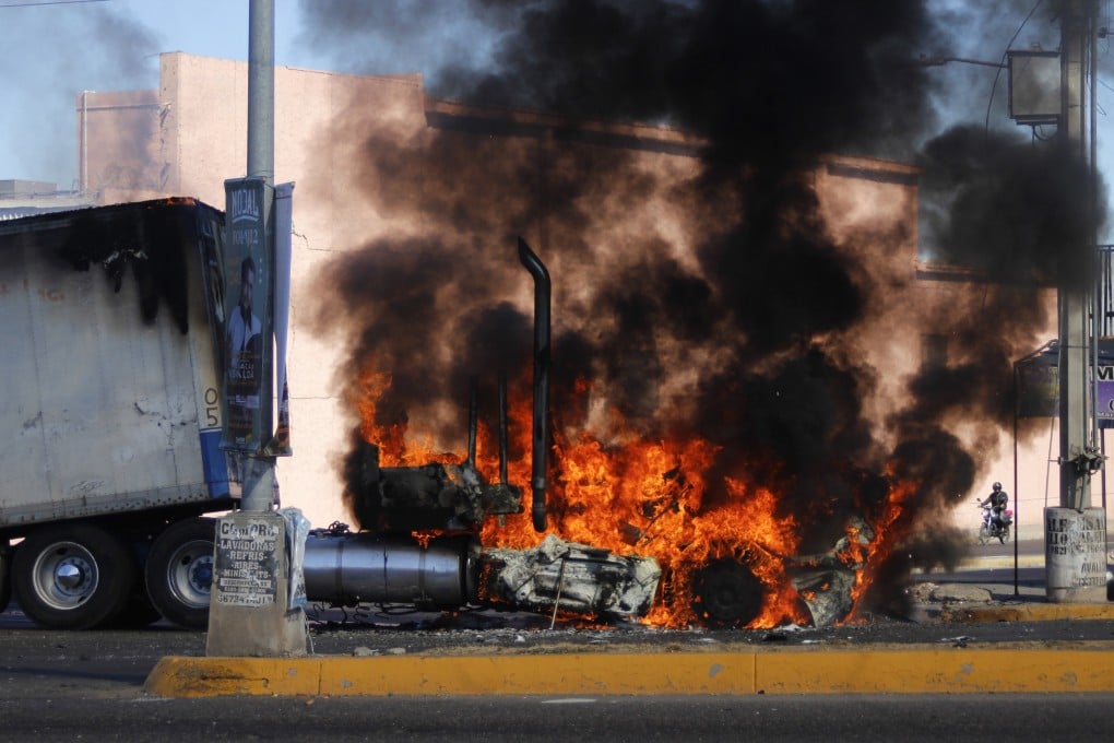 A truck burns on a street in Culiacan in Mexico’s Sinaloa state on Thursday. Photo: AP