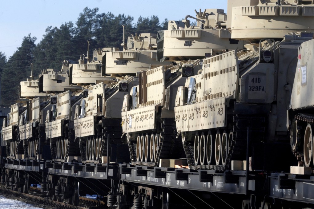 US Bradley Fighting Vehicles are seen in Garkalne, Latvia in February 2017. Fifty of the vehicles will be sent to Ukraine’s military as part of a new US aid package. Photo: Reuters