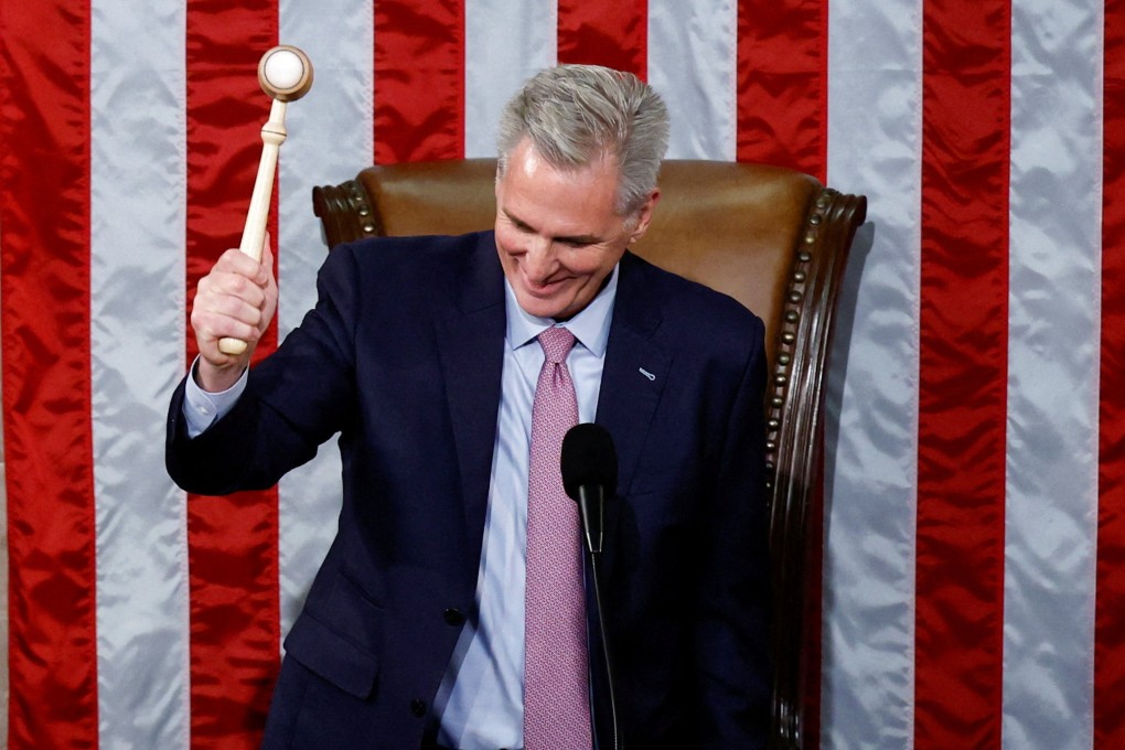 Kevin McCarthy bangs the speaker’s gavel for the first time after being elected the next speaker of the US House of Representatives on Saturday. Photo: Reuters .