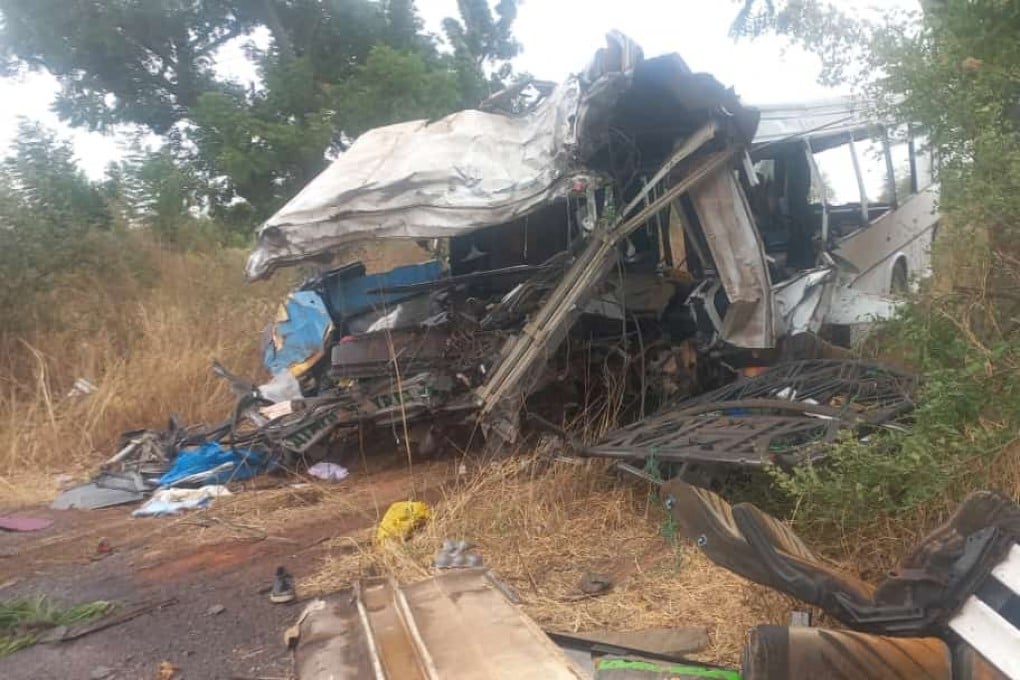 The scene of a road accident in central Senegal on Sunday, where at least 38 people died and scores were injured when two buses collided. Photo: AFP