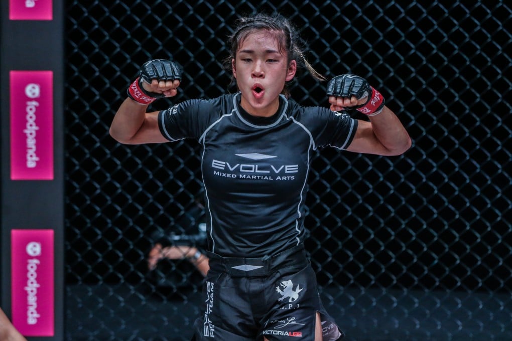 Victoria Lee celebrates after her second-round submission win vs Sunisa Srisen at ONE: Fists of Fury in Singapore. Photo: ONE Championship