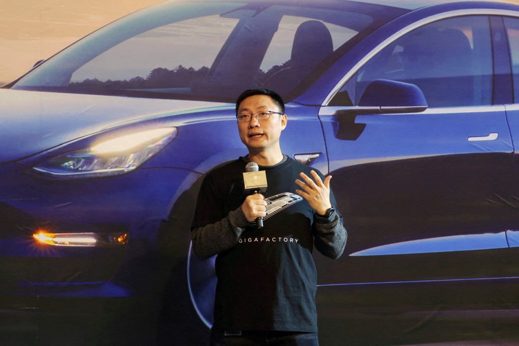 Tesla’s China chief Tom Zhu speaks at a delivery ceremony for China-made Tesla Model 3 vehicles in the Shanghai Gigafactory in December 2019. Photo: Reuters