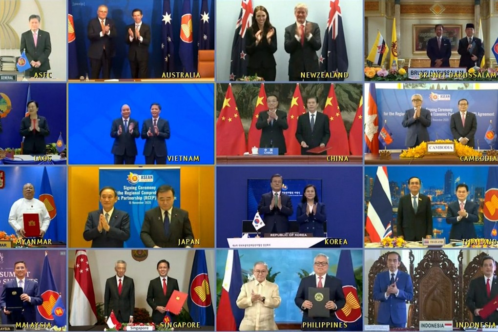 Leaders and trade ministers of 15 Asia-Pacific nations appear during a virtual gathering in November 2020, when the Regional Comprehensive Economic Partnership was signed, forming the world’s largest free-trade pact. Photo: EPA-EFE