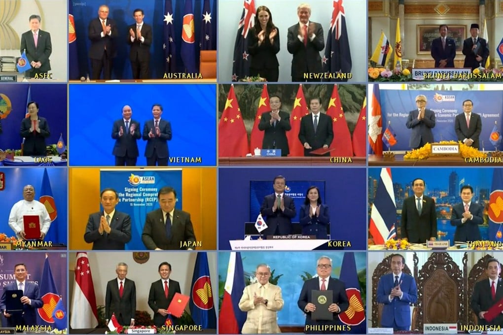 Leaders and trade ministers of 15 Asia-Pacific nations appear during a virtual gathering in November 2020, when the Regional Comprehensive Economic Partnership was signed, forming the world’s largest free-trade pact. Photo: EPA-EFE