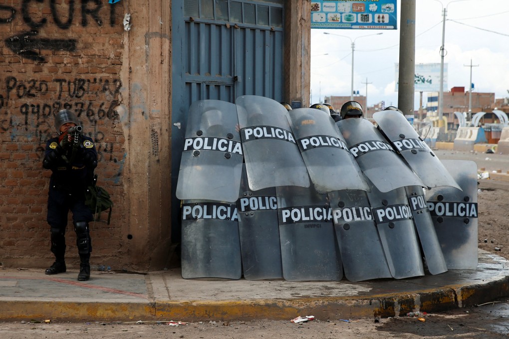 Peruvian police in Juliaca, the scene of deadly clashes. Photo: Reuters