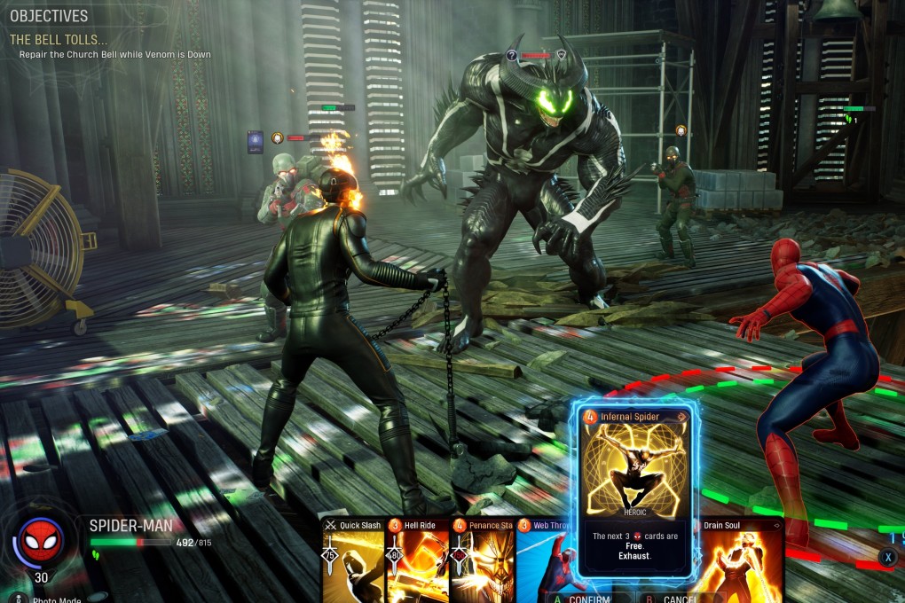 Spider-Man vs Fallen Venom in a still from Marvel’s Midnight Suns, a clever turn-based strategy game with a dash of social simulation and card game thrown in. Photo: Firaxis Games