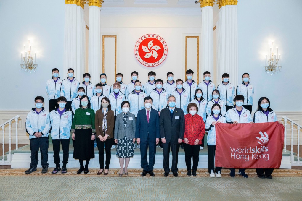 Hong Kong Chief Executive John Lee met with the young competitors who represented Hong Kong in the WorldSkills Competition 2022 Special Edition. Photo: VTC