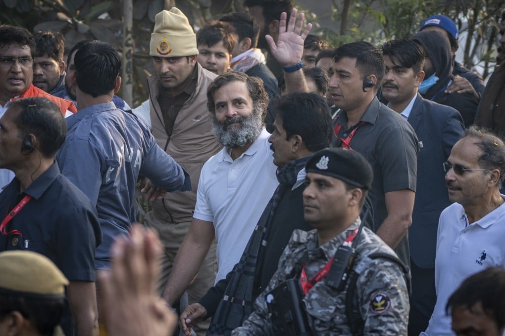 Rahul Gandhi, of India’s opposition Congress party, waves to supporters during his march through New Delhi last month. Photo: AP