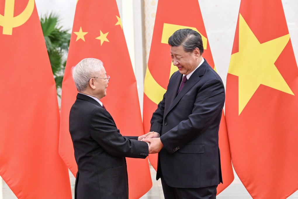 Chinese President Xi Jinping, also general secretary of the Communist Party of China, greets Nguyen Phu Trong, general secretary of the Communist Party of Vietnam, ahead of their meeting in  Beijing last October. Photo: Xinhua