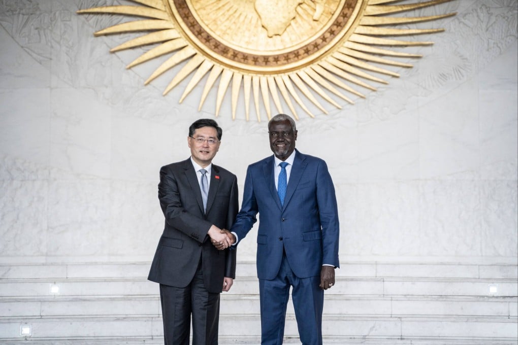 Foreign Minister Qin Gang and African Union Commission chairman Moussa Faki Mahamat meet at the union’s headquarters in Addis Ababa, Ethiopia, on Wednesday. Photo: AFP