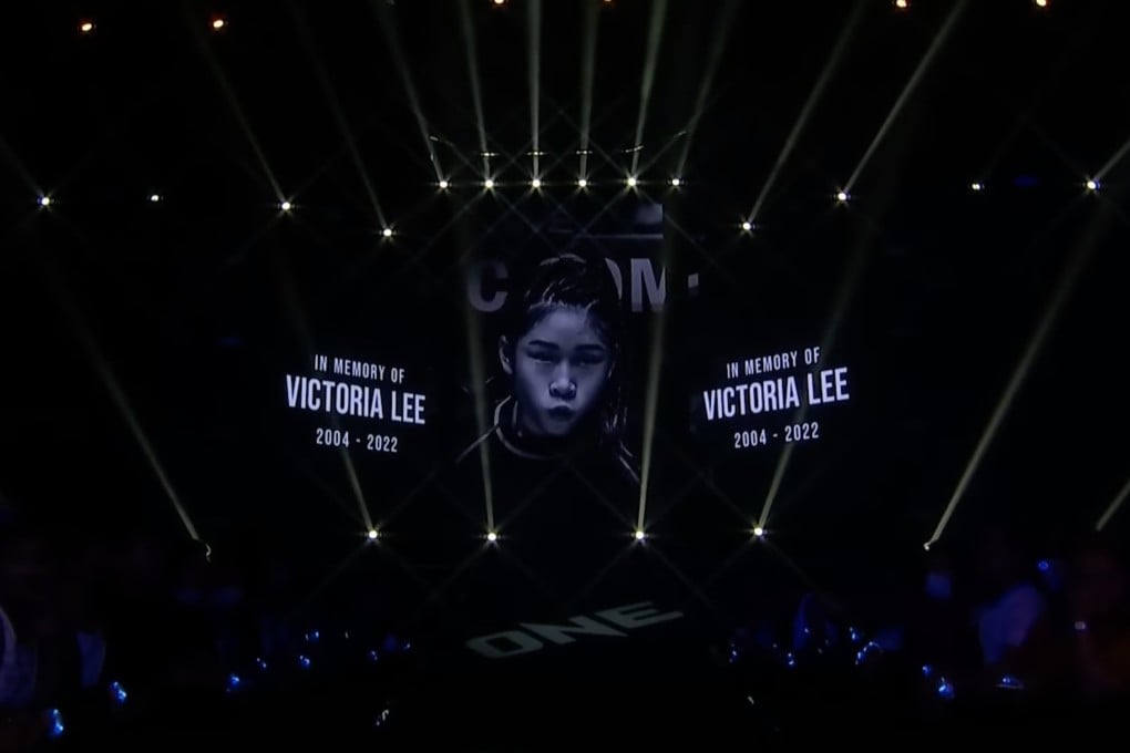 A screenshot from the ONE Fight Night 6 broadcast. a tribute to Victoria Lee is displayed on the production screens at Bangkok’s Impact Arena in Bangkok. Photo: ONE Championship
