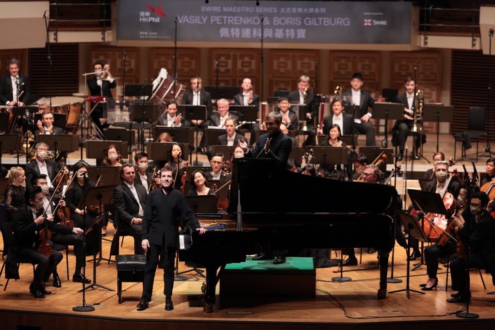 Conductor Vasily Petrenko (standing behind piano) and pianist Boris Giltburg (front) with the Hong Kong Philharmonic for the Phil’s recent all-Russian programme. Photo: Keith Hiro/HK Phil