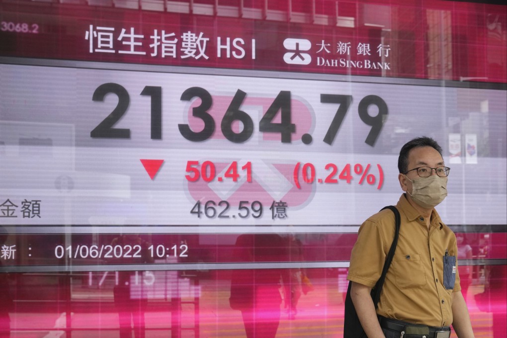 A man walks past a bank’s electronic board showing the Hang Seng Index in June 2022. Photo: AP