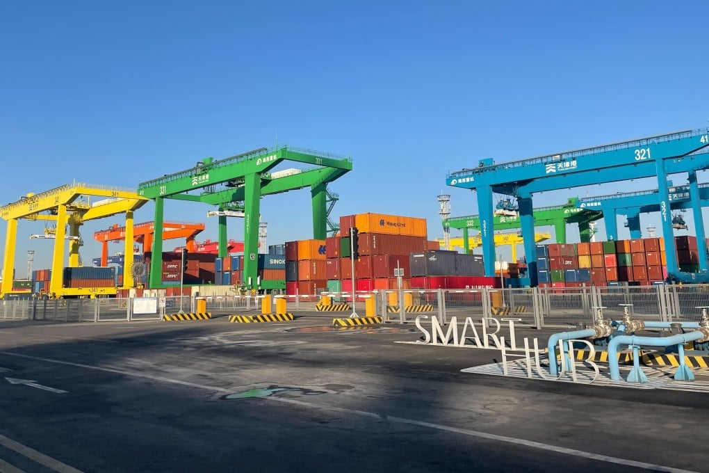 The Port of Tianjin, pictured here on January 16, 2023, has collaborated with Huawei to build an automated terminal where cranes and self-driving vehicles offload and transport shipping containers with little-to-no human intervention. Photo: Tracy Qu / SCMP