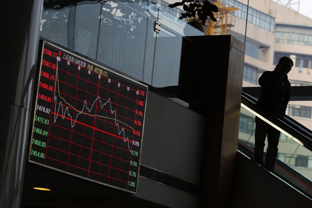 A man talks on the phone inside the Shanghai Stock Exchange building at the Pudong financial district. Photo: Reuters