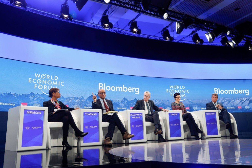 Tharman Shanmugaratnam (second from the left), chairman of the Monetary Authority of Singapore, speaks during a panel session at the World Economic Forum’s annual meeting in Davos, Switzerland, on Wednesday. Photo: Bloomberg