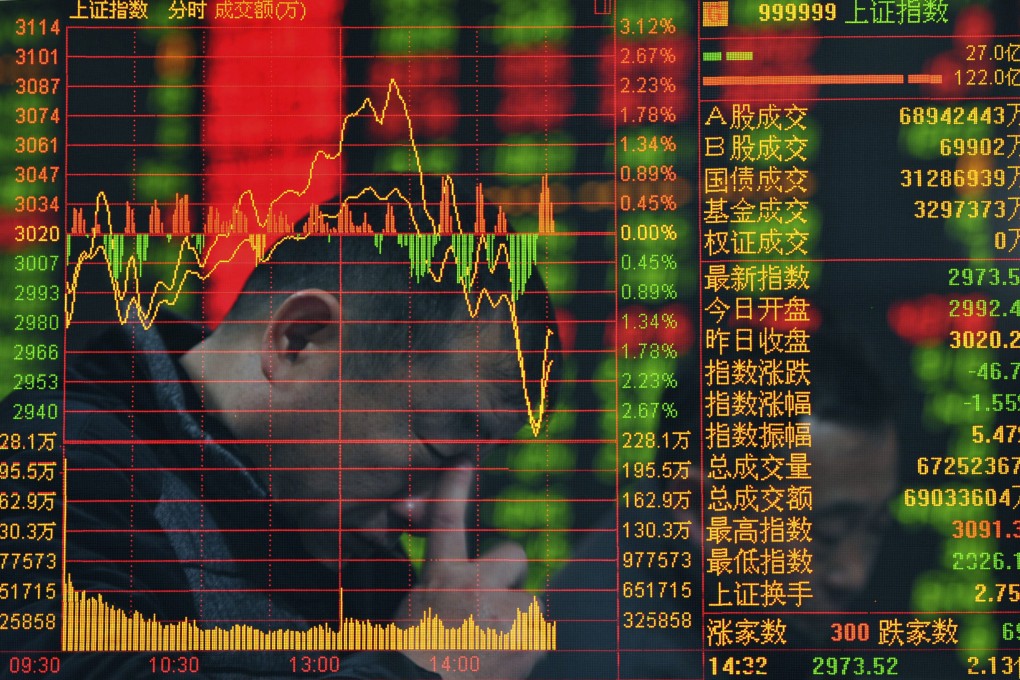An investor checking stock prices at a brokerage house in Fuyang , central Anhui province. Photo: EPA-EFE