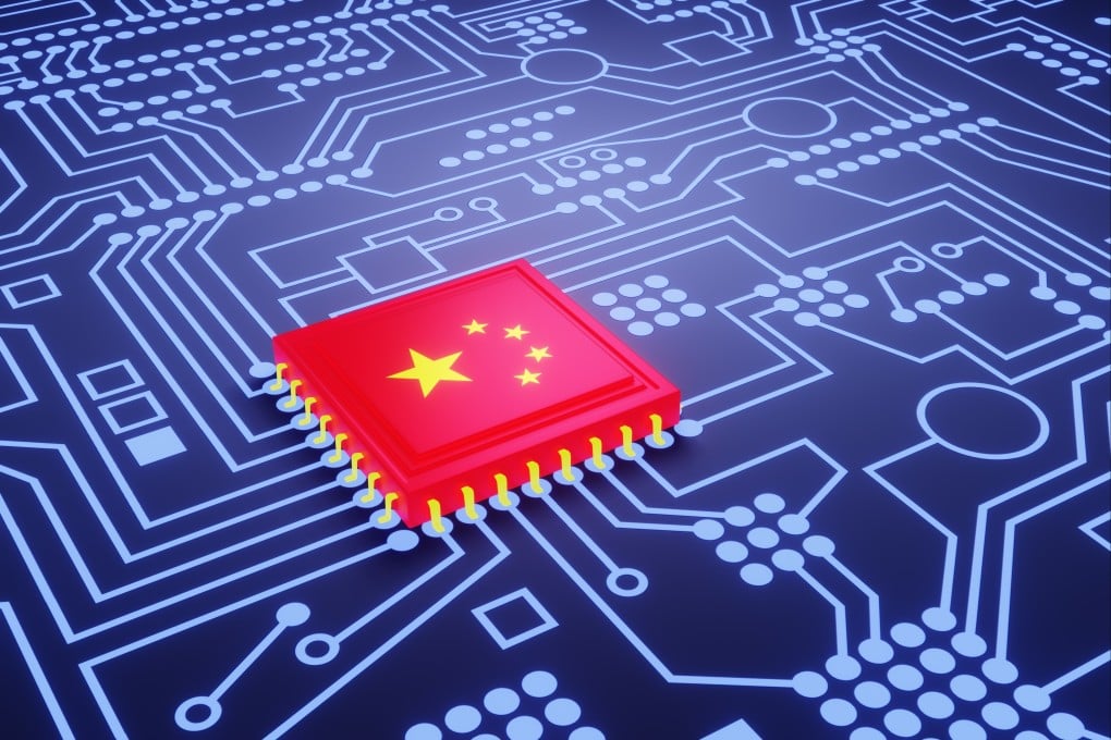 3D illustration of an advanced chip printed with the Chinese flag, on an electronic circuit board. Photo: Shutterstock