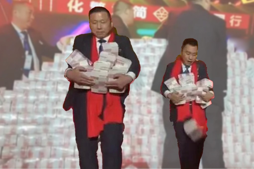 A crane manufacturing company in China has sparked an online debate after it stacked up a mountain of yuan banknotes to the value of US$9 million on a stage at its year-end party and handed the lot out as staff bonuses. Photo: SCMP Composite