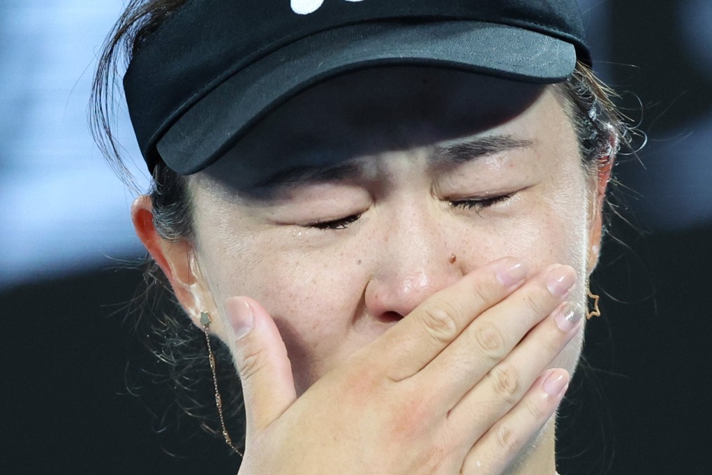 Zhu Lin breaks down after  winning her women’s singles third round match against Maria Sakkari. Photo: Xinhua