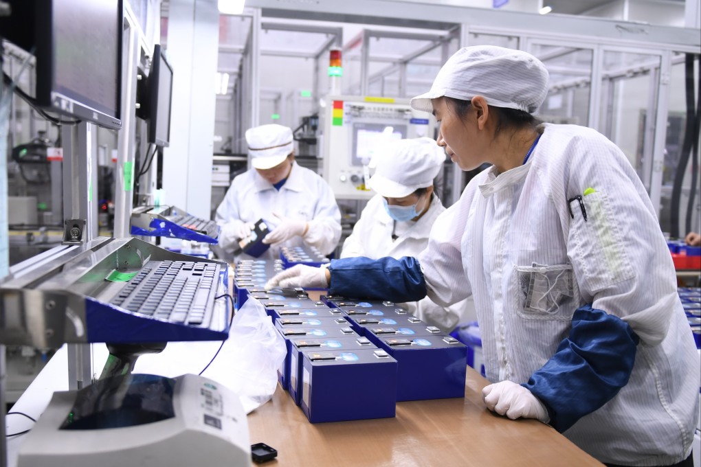 Workers check products at CATL’s factory in Ningde, China’s Fujian province. Photo: Xinhua