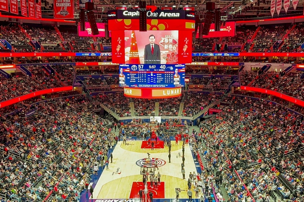 Qin Gang’s message is played to the crowd in Washington. Photo: SCMP