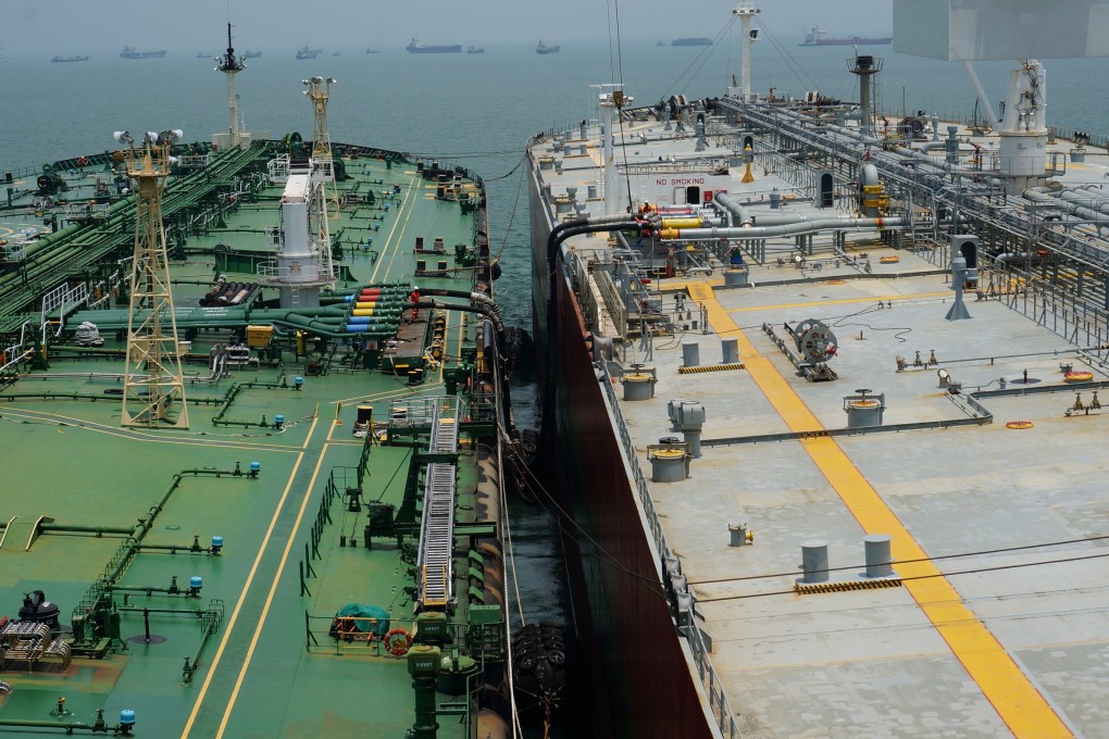 An oil tanker for blending to reproduce low-sulphur fuel oil  during a marine blending at the sea off Singapore. Photo: SK Trading International/Handout via Reuters