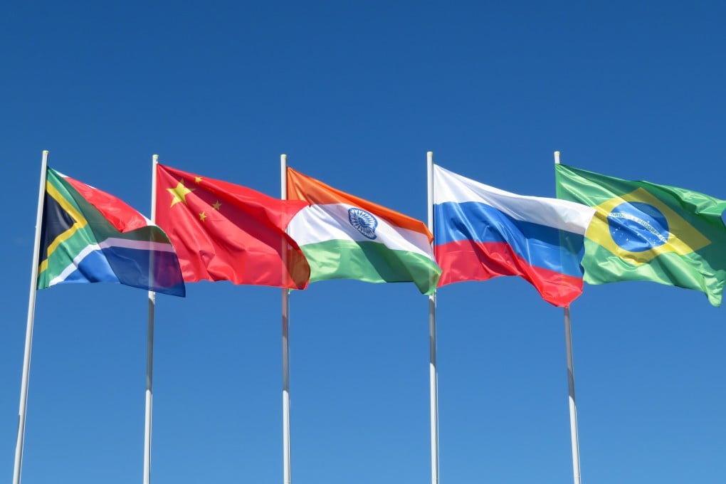 The flags of South Africa, China, India, Russia and Brazil, the five members of BRICS. China, India, Brazil and South Africa are among the nations that have resisted giving up their own interests to punish Russia following the Ukraine war. Photo: Shutterstock