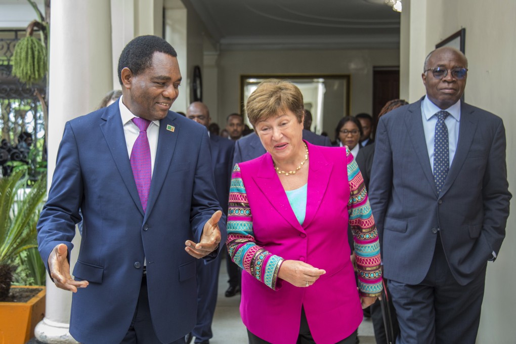 Zambia’s President Hakainde Hichilema (left) speaks with Kristalina Georgieva, IMF managing director, during their meeting at the State House in Lusaka on Monday. Photo: AP