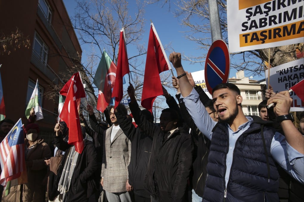 Demonstrators chant slogans outside the Swedish embassy in Ankara, Turkey on Tuesday. Photo: AP