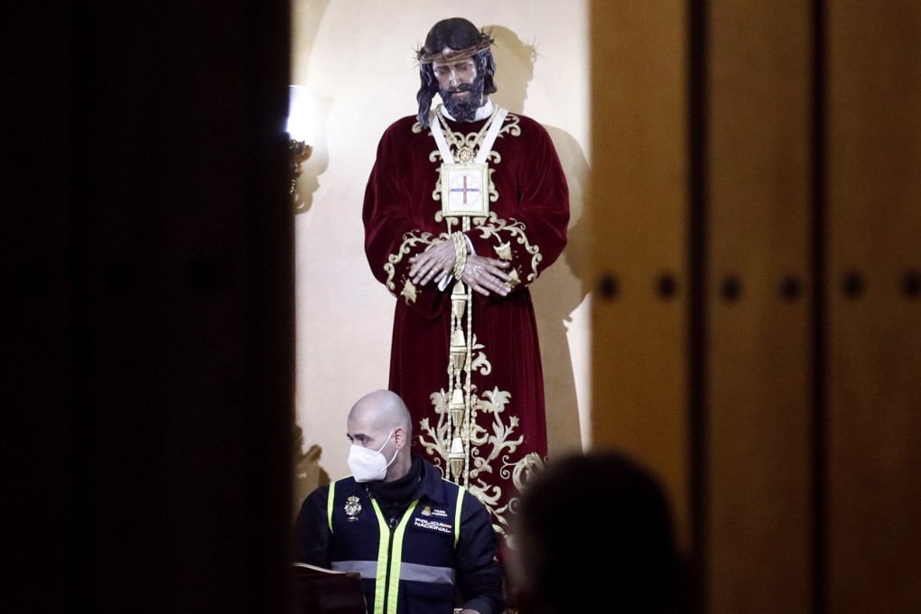 Inside San Isidro church in Algeciras, southern Spain, where the armed man attacked a priest, who was seriously injured.