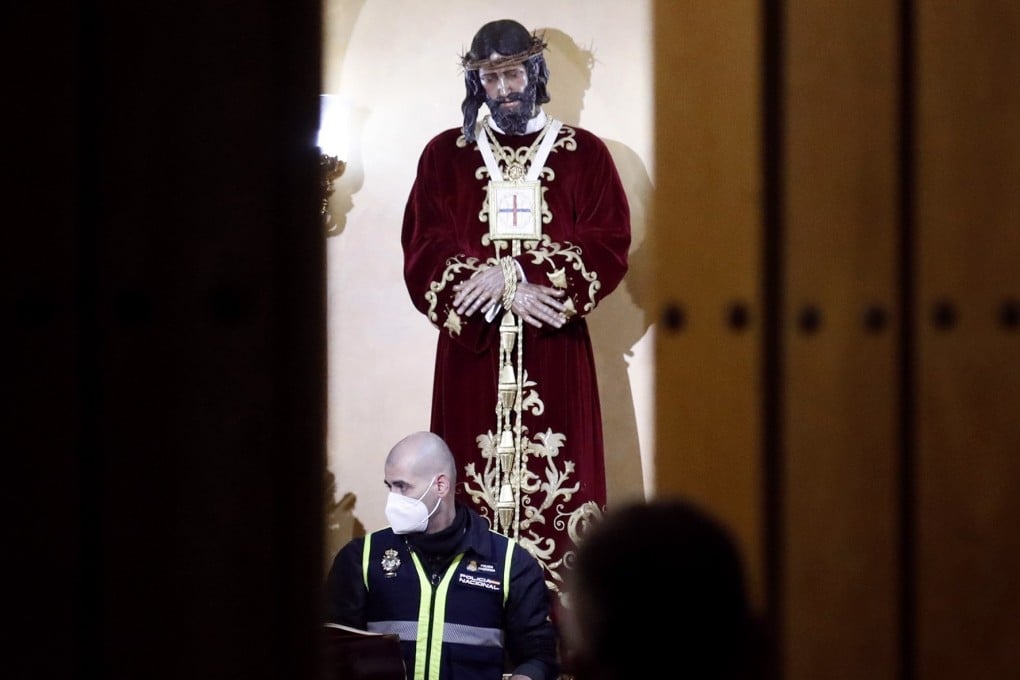 Inside San Isidro church in Algeciras, southern Spain, where the armed man attacked a priest, who was seriously injured.