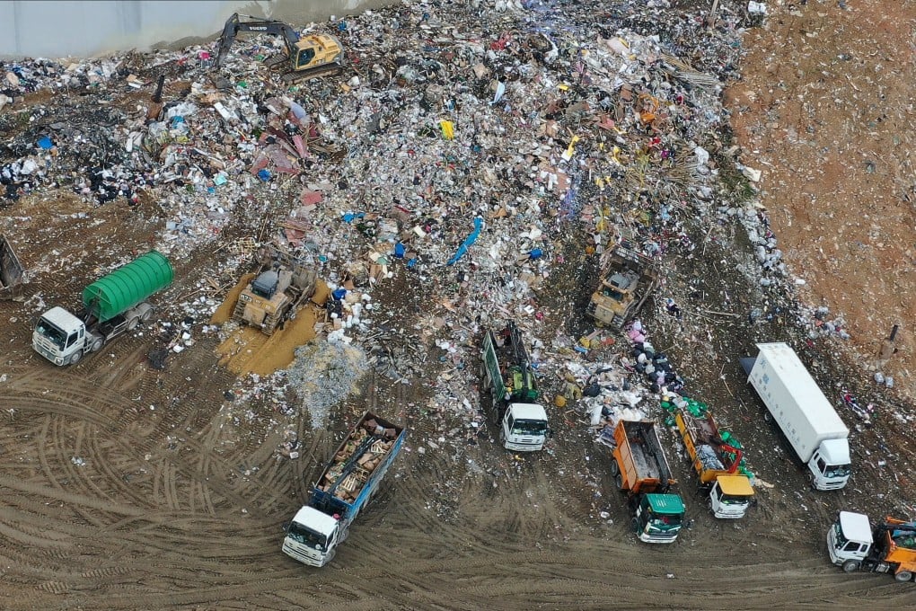 Trucks deposit waste at the North East New Territories Landfill in Ta Kwu Ling in August 2020. Photo: Winson Wong