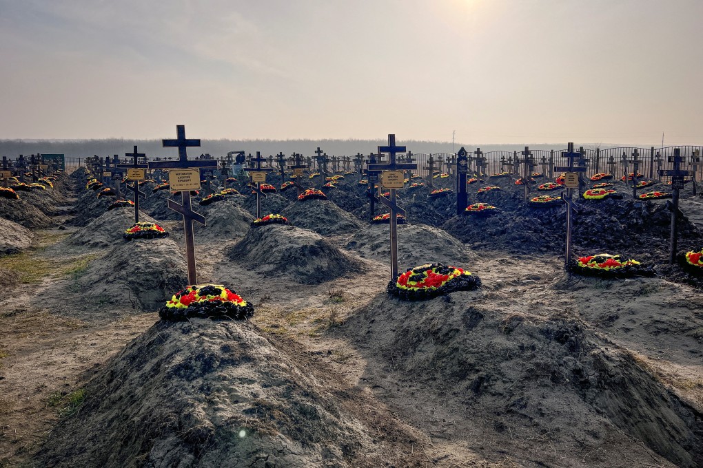 Graves of Russian Wagner mercenary group fighters are seen in a cemetery near the village of Bakinskaya in Krasnodar region, Russia on Sunday. Photo: Reuters