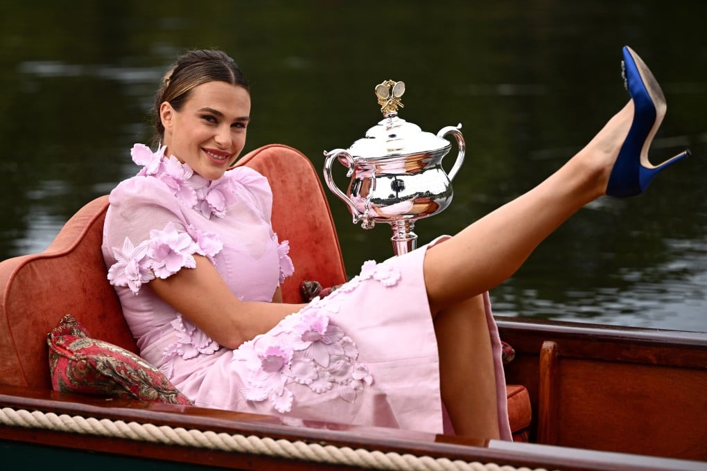 Aryna Sabalenka poses with the Daphne Akhurst Memorial Cup following her win over Elena Rybakina in the 2023 Australian Open final in Melbourne, Australia. Photo: EPA-EFE