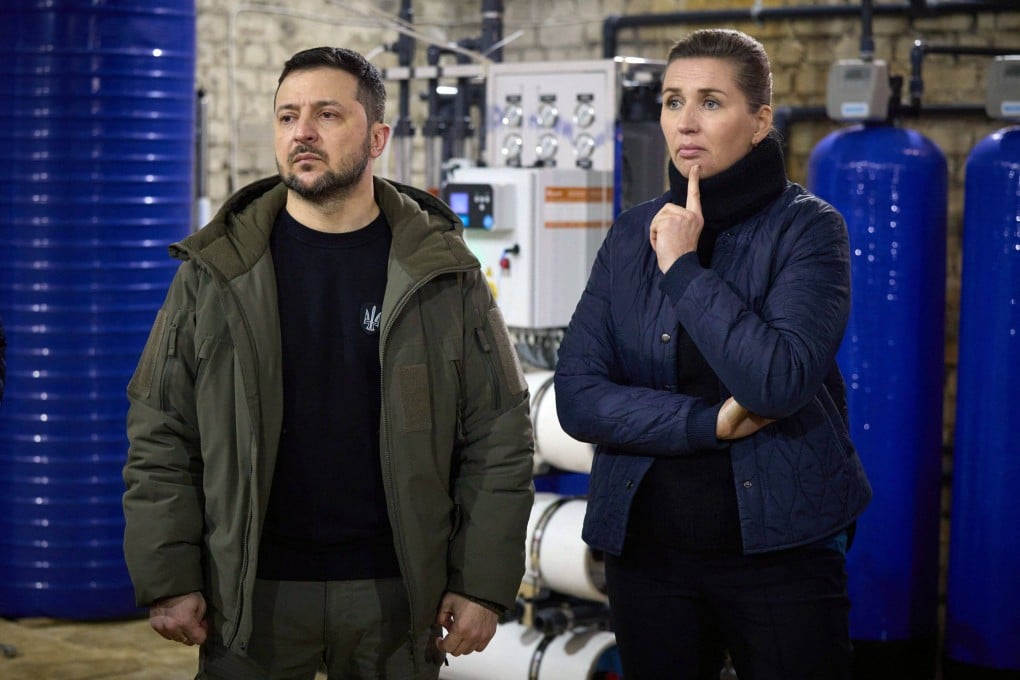 Ukraine’s President Volodymyr Zelensky and Danish Prime Minister Mette Frederiksen during their visit to the city of Mykolaiv in southern Ukraine on Monday. Photo: via AFP