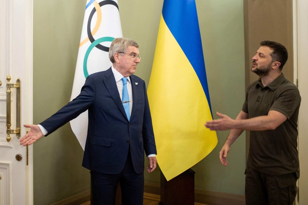 Ukrainian President Volodymyr Zelensky meeting International Olympic Committee President (IOC) Thomas Bach in Kyiv in July. File photo: Ukrainian Presidential Press Service / AFP