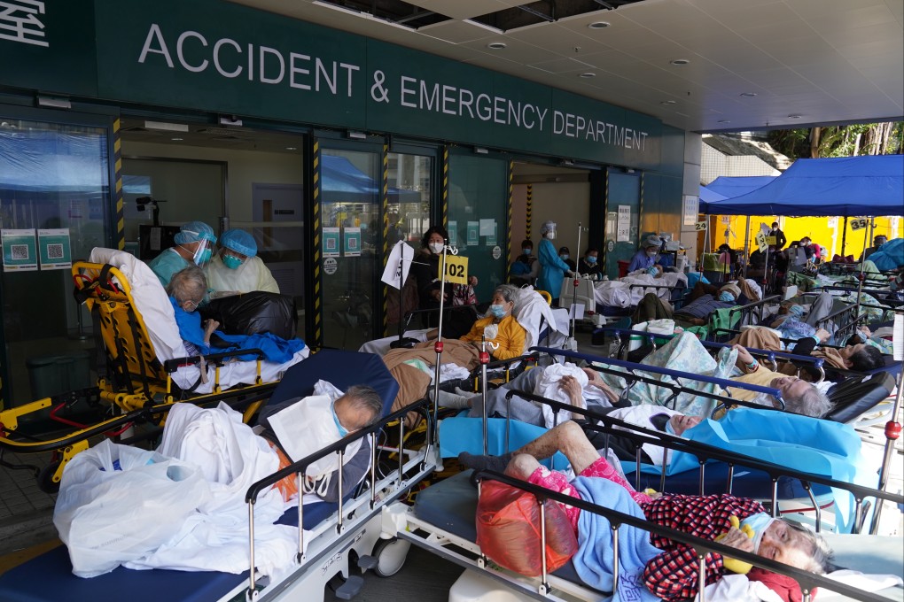 Patients wait at a public hospital at the height of the fifth Covid-19 wave last February. Hong Kong’s leader has stressed he must adjust the pandemic response according to constantly changing situations. Photo: Sam Tsang