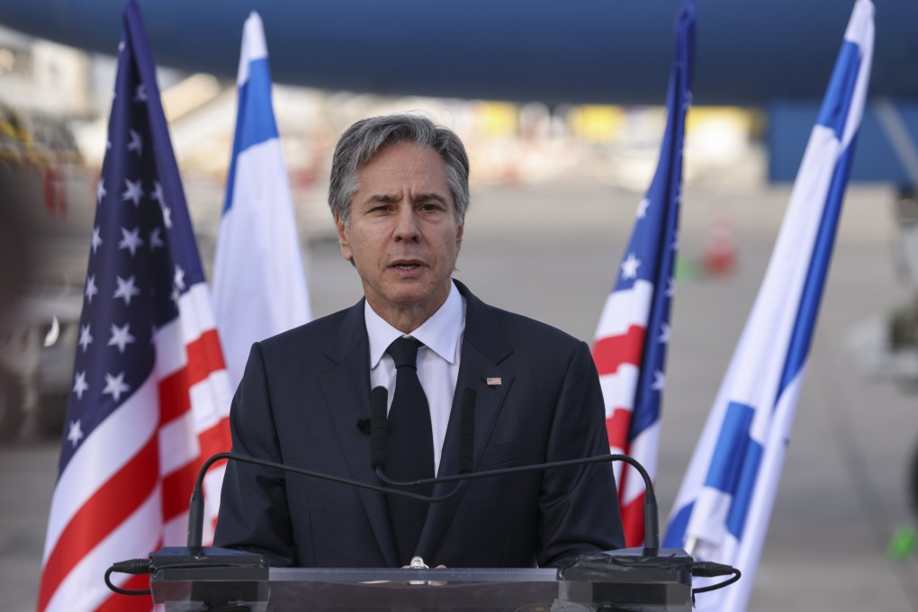 US Secretary of State Antony Blinken delivers a statement after arriving at Israel’s Ben Gurion Airport near Tel Aviv on Monday. Photo: via AP