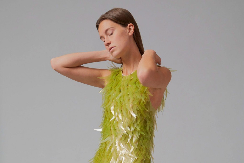 An algae dress that is the result of a collaboration between sustainable fashion researcher Charlotte McCurdy and designer Phillip Lim.