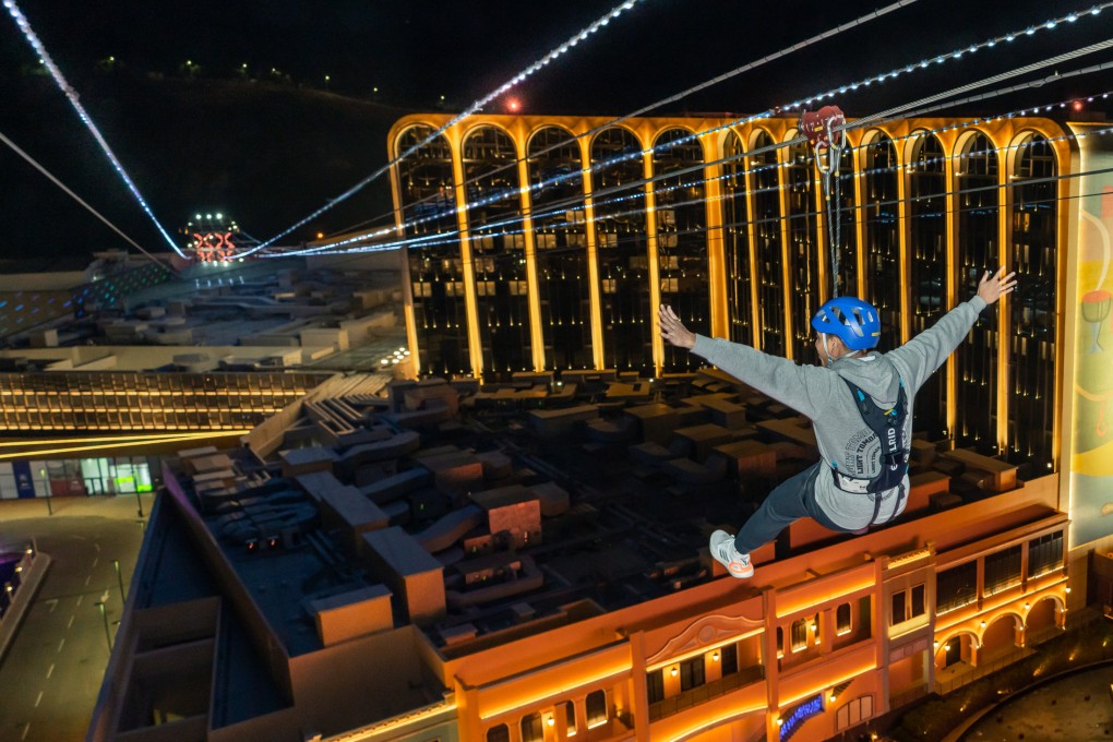Macau’s just-opened ZipCity zipline attraction offers evening excursions over Cotai accompanied by an audiovisual show illuminated by more than 100,000 LED lights. Night tourism is expected to be a significant draw as Chinese tourists return to global destinations. Photo: ZipCity