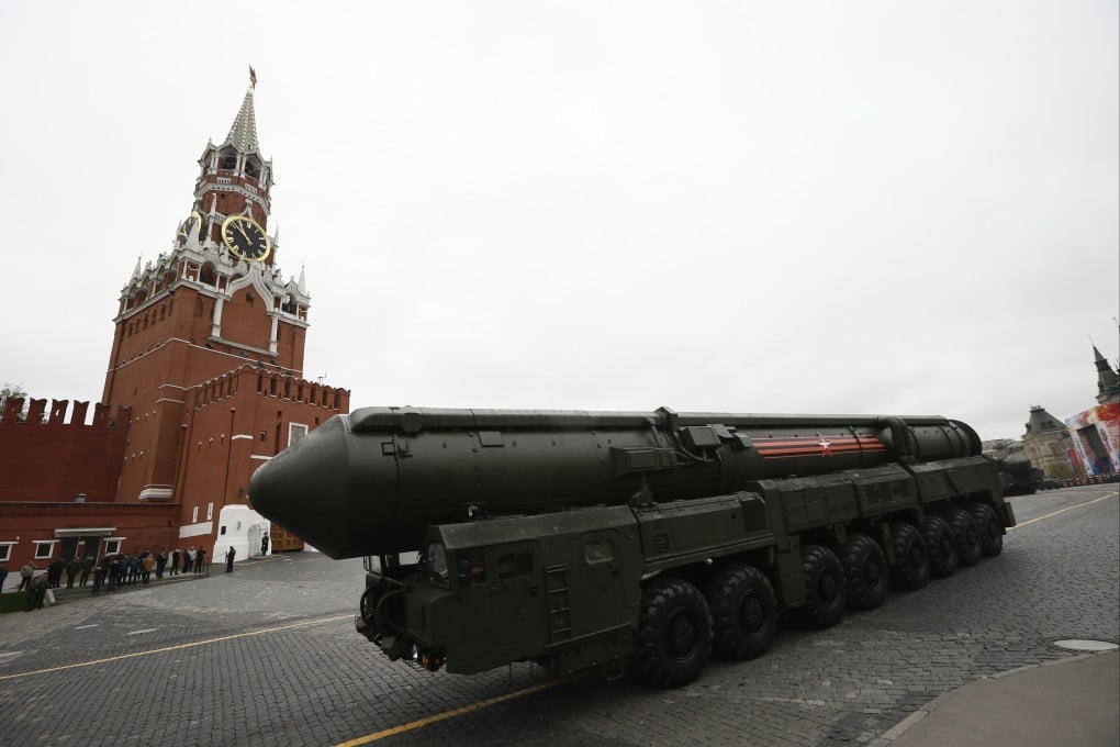 A Russian Topol M intercontinental ballistic missile launcher rolls along Red Square during the Victory Day military parade in Moscow in May 2017. Photo: AP