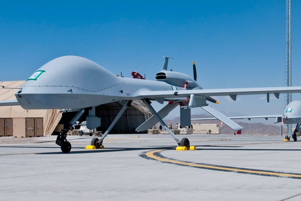 Two Grey Eagle drones sit on the tarmac at Forward Operating Base Shan in Logar Province, Afghanistan in April 2012. Photo: US Army via AFP