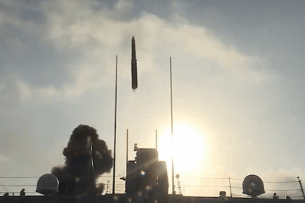 A screen grab from a video shows China testing a new YJ-21 missile. The PLA navy released video footage of the YJ-21 being launched in April from a Type 055 destroyer. Photo: Weibo