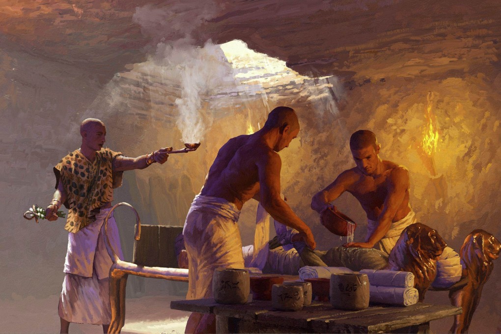 An illustration depicts a priest during an embalming process in an underground chamber in Saqqara, Egypt. Image: Nikola Nevenov via AP
