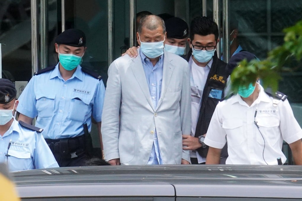 Jimmy Lai appears at the Next Digital Limited building as the Hong Kong police raid the Apple Daily offices in August 2020. Photo: Winson Wong