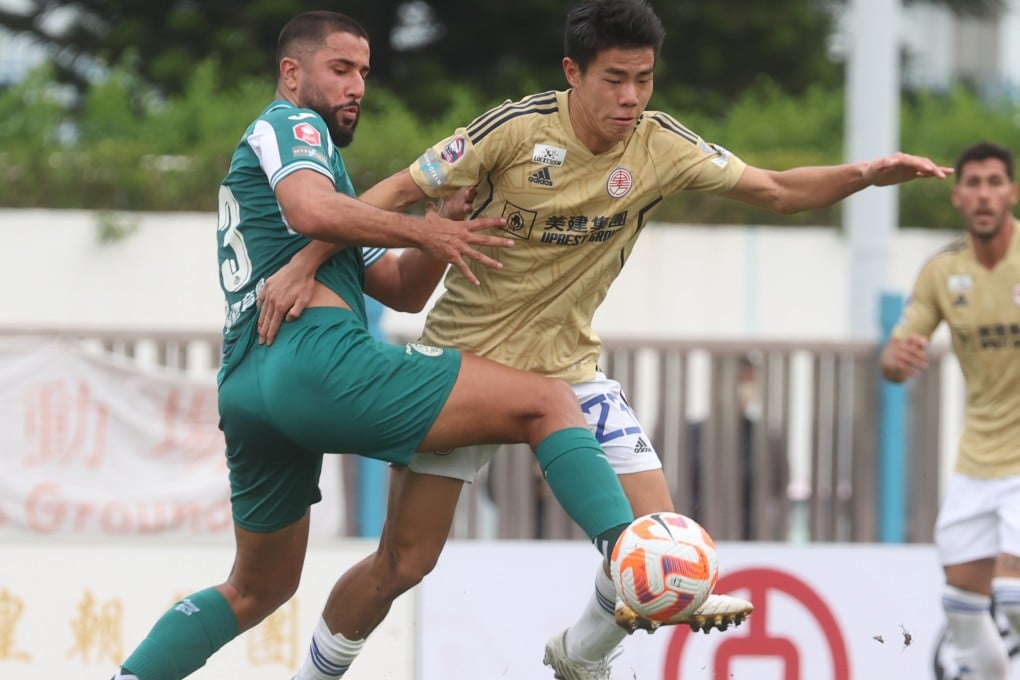 Wofoo Tai Po’s Gabriel Morelia (left) battles for the ball with Eastern’s Sun Ming-him during their side’s Premier League clash at Tai Po Sports Ground. Photo: Yik Yeung-man