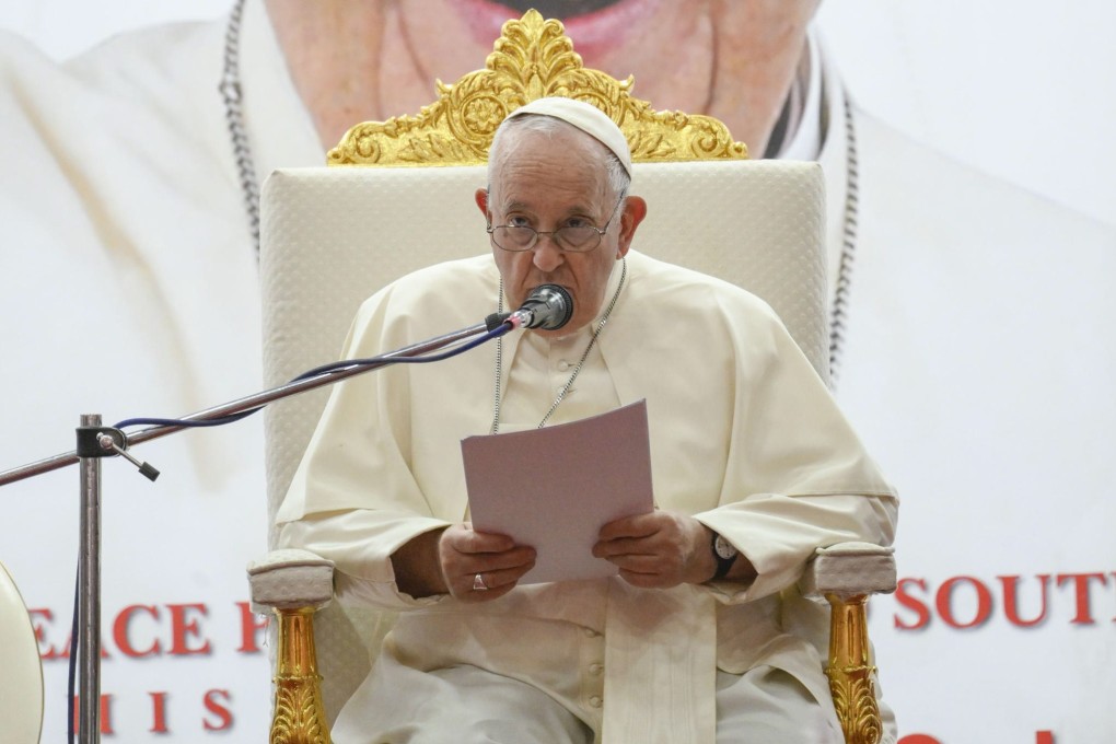 Pope Francis participates in the ecumenical prayer service at Dr John Garang Mausoleum in Juba, South Sudan on Saturday. Photo:  EPA-EFE / Vatican Media Handout