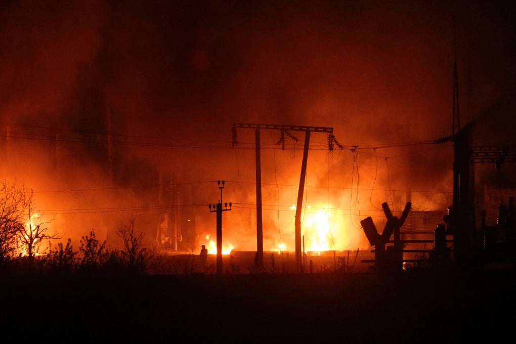 Power substation burns after a missile strike, as Russia’s attack on Ukraine continues. Photo: Reuters